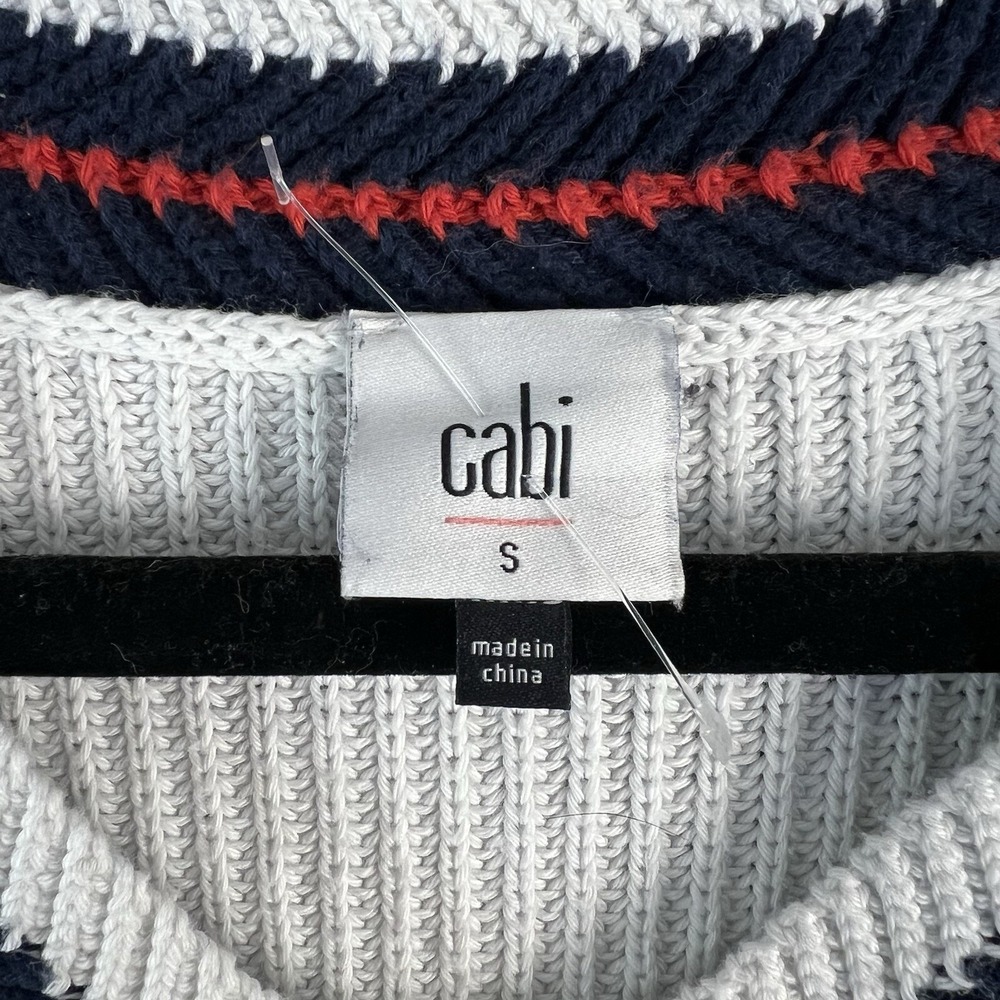 Cabi Pullover Sweater Women S White Striped 3/4 Flare Sleeve V Neck Cotton Blend - Picture 3 of 12